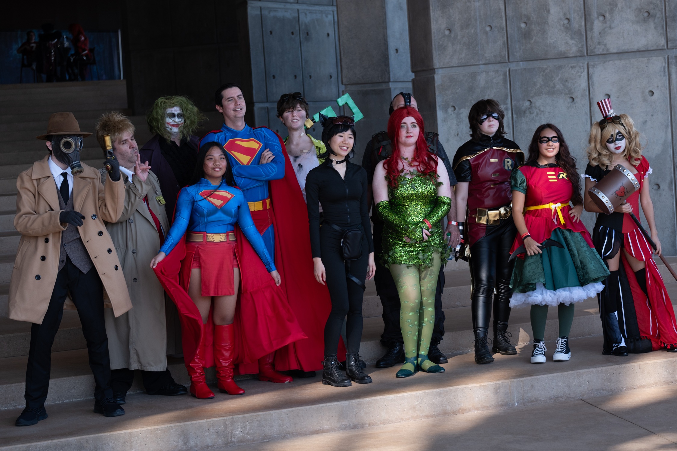 A large group of DC Comics cosplayers pose together on outdoor steps, dressed as heroes and villains including Superman, Supergirl, Robin, Catwoman, Poison Ivy, Harley Quinn, the Joker, and others.