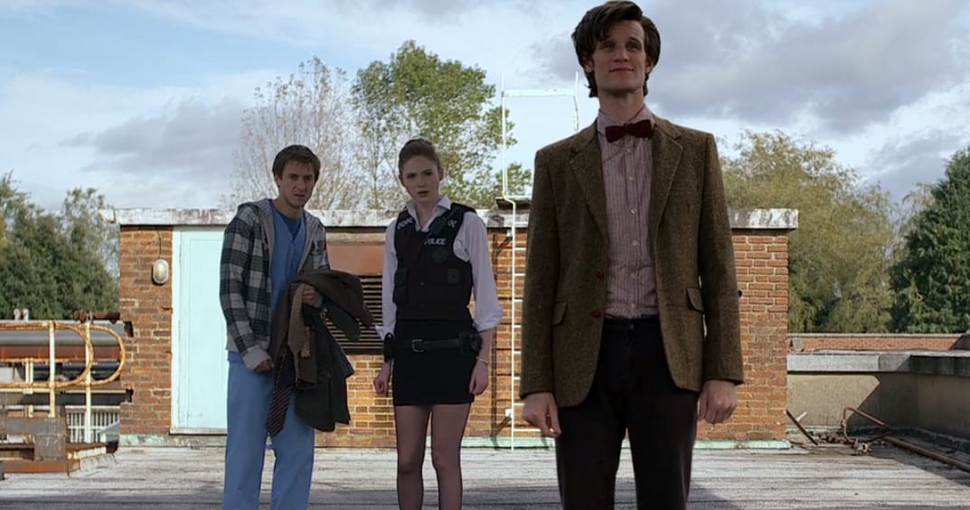 Amy and Rory meet the Doctor on the roof, they look on in awe and confusion as the Doctor smiles proudly at the TARDIS