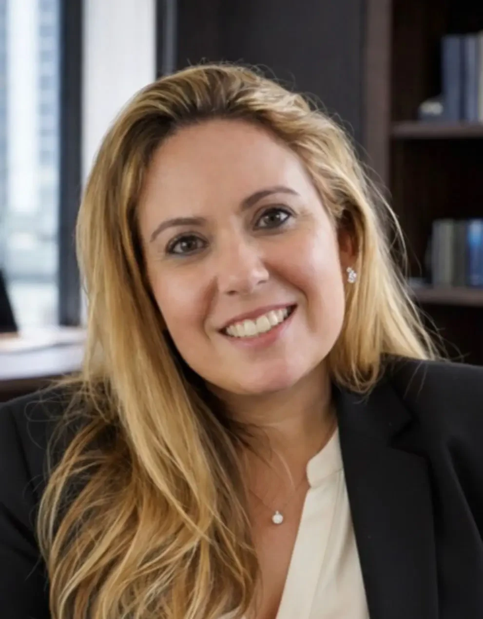 Ana Carla Restituti, palestrante do Healthcare Innovation Show, mulher loira sorrindo de blazer preto.