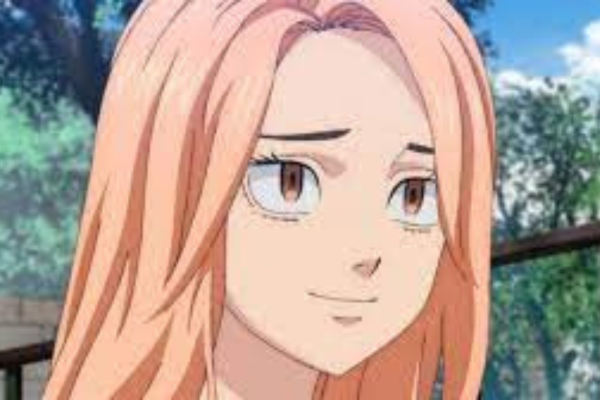 In the park, a light pink haired girl is smiling but looks sad.