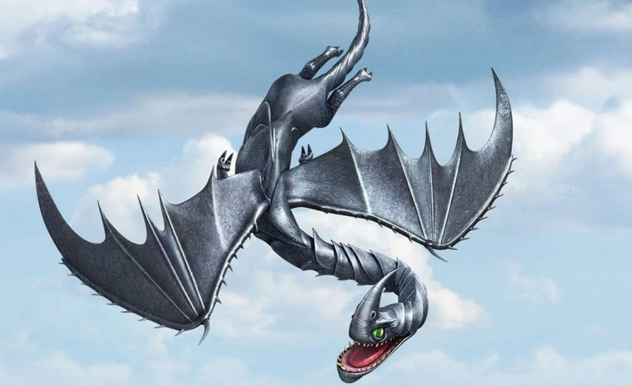 A metallic, metal looking dragon with a long silver-horned face gives as evil grin as it flies through the blue sky.