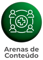 Ícone de networking com profissionais conectados ao redor de símbolo médico, representando as Arenas de Conteúdo da Hospitalar com palestras e discussões sobre saúde