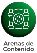 Ícono de networking con profesionales conectados alrededor de un símbolo médico, representando las Arenas de Contenido de Hospitalar con conferencias y discusiones sobre salud.