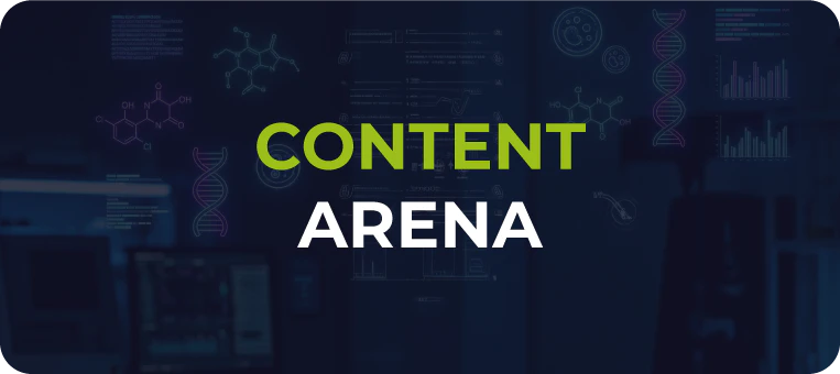 Image with a dark blue background and scientific graphic elements, such as DNA molecules and chemical structures, highlighting in the center the text in uppercase letters: CONTENT ARENAS