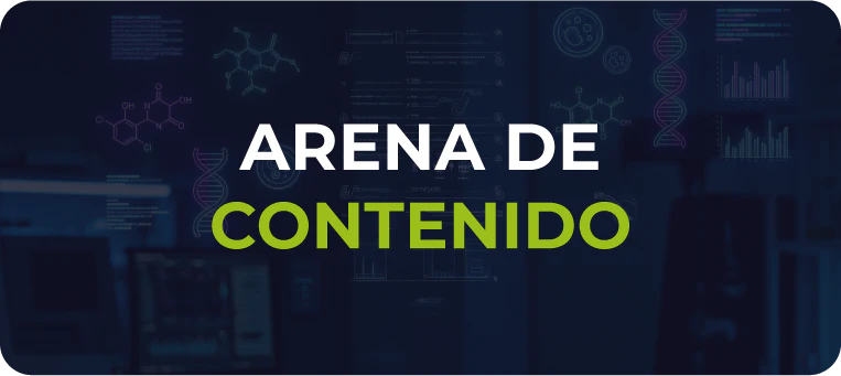 Imagen con fondo azul oscuro y elementos gráficos de la ciencia, como moléculas de ADN y estructuras químicas, destacando en el centro el texto en letras mayúsculas: ARENAS DE CONTEÚDO