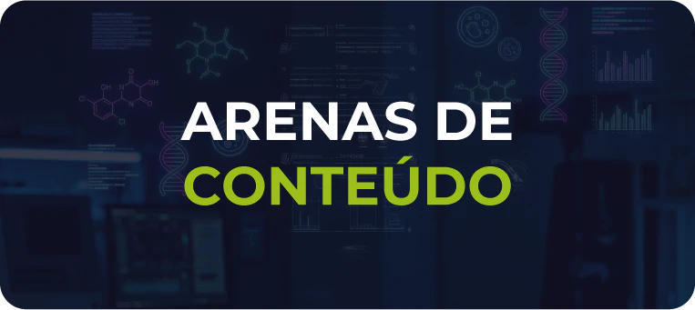 Imagem com fundo azul escuro e elementos gráficos da ciência, como moléculas de DNA e estruturas químicas, destacando no centro o texto em letras maiúsculas: ARENAS DE CONTEÚDO