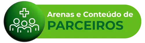 Botão verde horizontal com cantos arredondados contendo um ícone de três pessoas abaixo de uma cruz médica à esquerda e o texto 'Arenas e Conteúdo de PARCEIROS' em branco e verde escuro à direita.