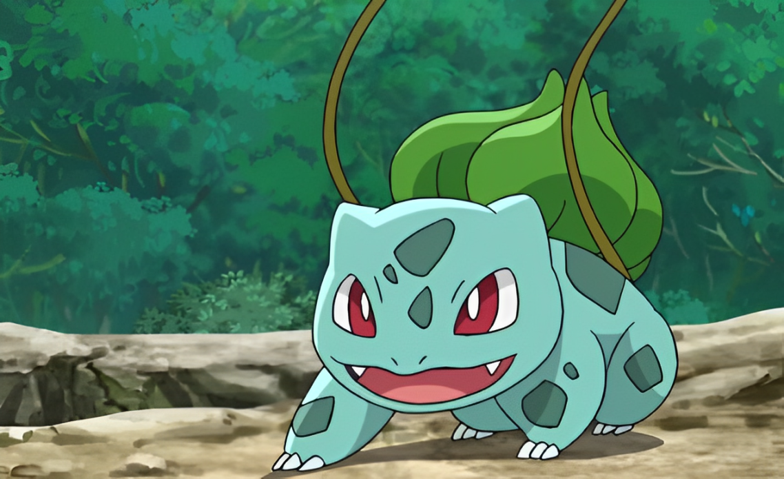 Bulbasaur lunges backwards, his mouth open in a smile