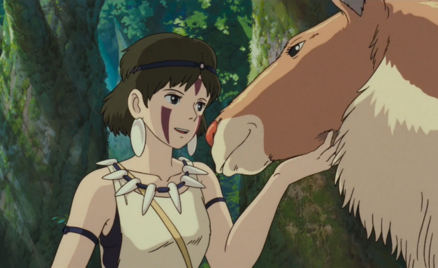 San scratches Yakul, a red elk, under his chin. She wears her beige pelt and bone jewelry, with her red facial paint markings.