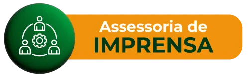 Botão de Assessoria de Imprensa da feira Hospitalar. Ícone com rede de contatos e engrenagem central em tons de verde e laranja.