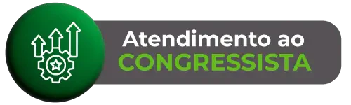 Botão de Atendimento ao Congressista da feira Hospitalar 2026. Ícone com engrenagem, estrela central e setas de crescimento em tons de verde e cinza.