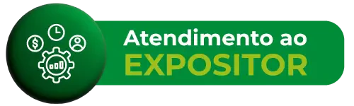 Botão de Atendimento ao Expositor da feira Hospitalar. Ícone com engrenagens, cifrão e relógio em tons de verde.