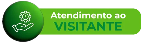 Botão de Atendimento ao Visitante da feira Hospitalar. Ícone com uma mão segurando uma engrenagem e ponto de exclamação em tons de verde.