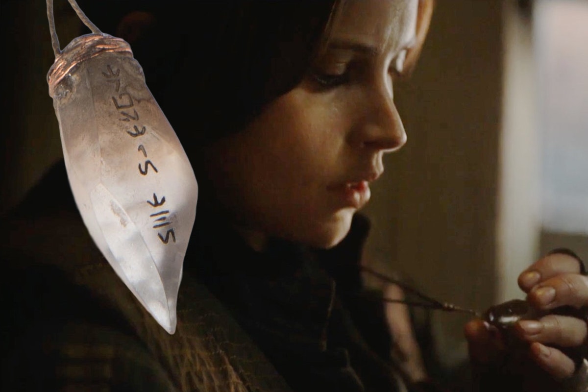 An overlayed close up of a powerless Kyber crystal necklace atop a photo of Jyn Erso holding said necklace around her neck