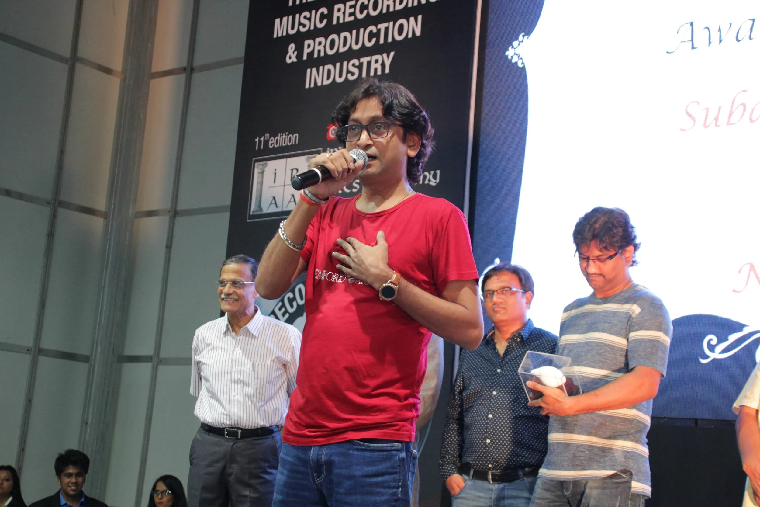 Atul Gogavale addressing the audience after winning the award with Ajay Gogavale for Sairat