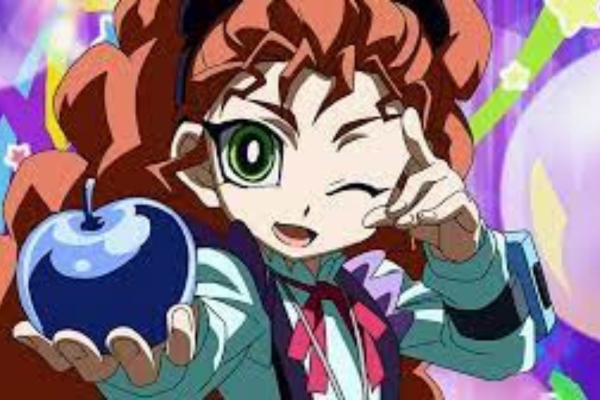 Aura, winking at the camera, is holding a blue apple.