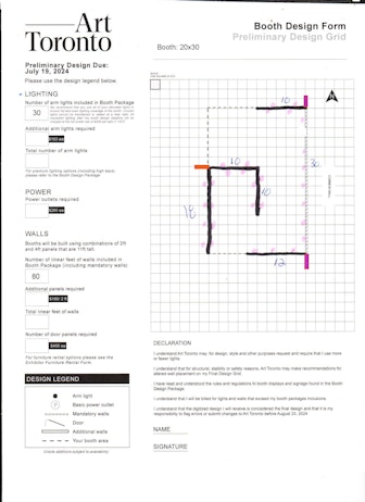 This is an example of a hand-drawn booth design form in a 20x30 size booth