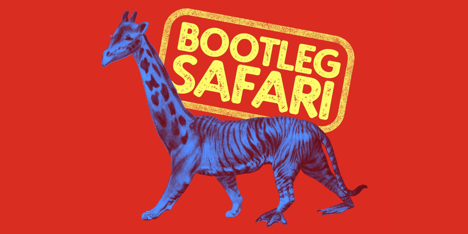 A surreal, digitally manipulated image of an animal hybrid with the body of a blue tiger and the long neck and head of a blue giraffe, set against a bold red background. Above the creature, the words 'BOOTLEG SAFARI' are displayed in large, distressed yellow text inside a stamp-like border.