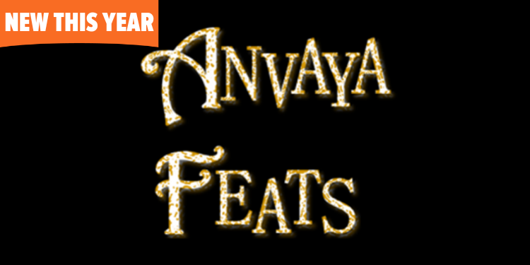 A black background with gold, textured text reading "Anvaya Feats." The font has a mystical, glowing effect.