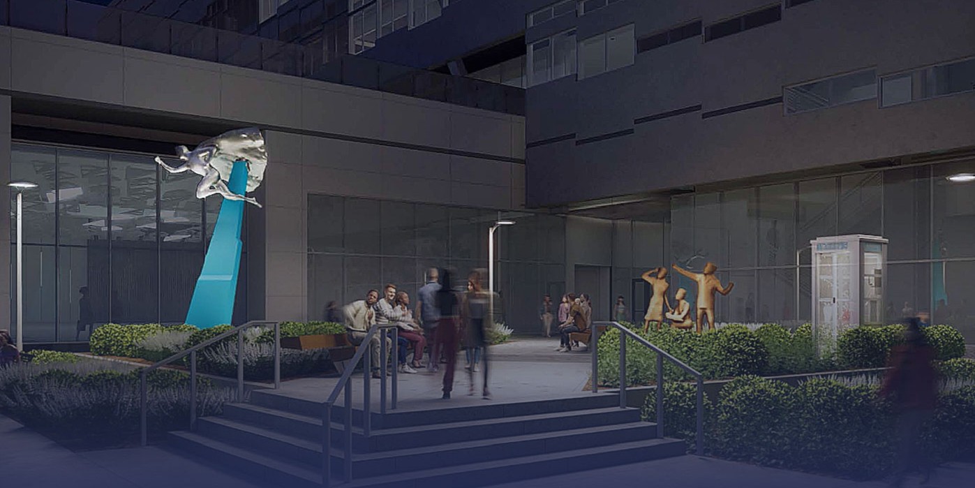 A digital rendering of an outdoor space featuring a futuristic Superman-inspired statue atop a blue pedestal. Nearby, bronze statues of people look up in awe, with a classic phone booth adding a nostalgic touch.