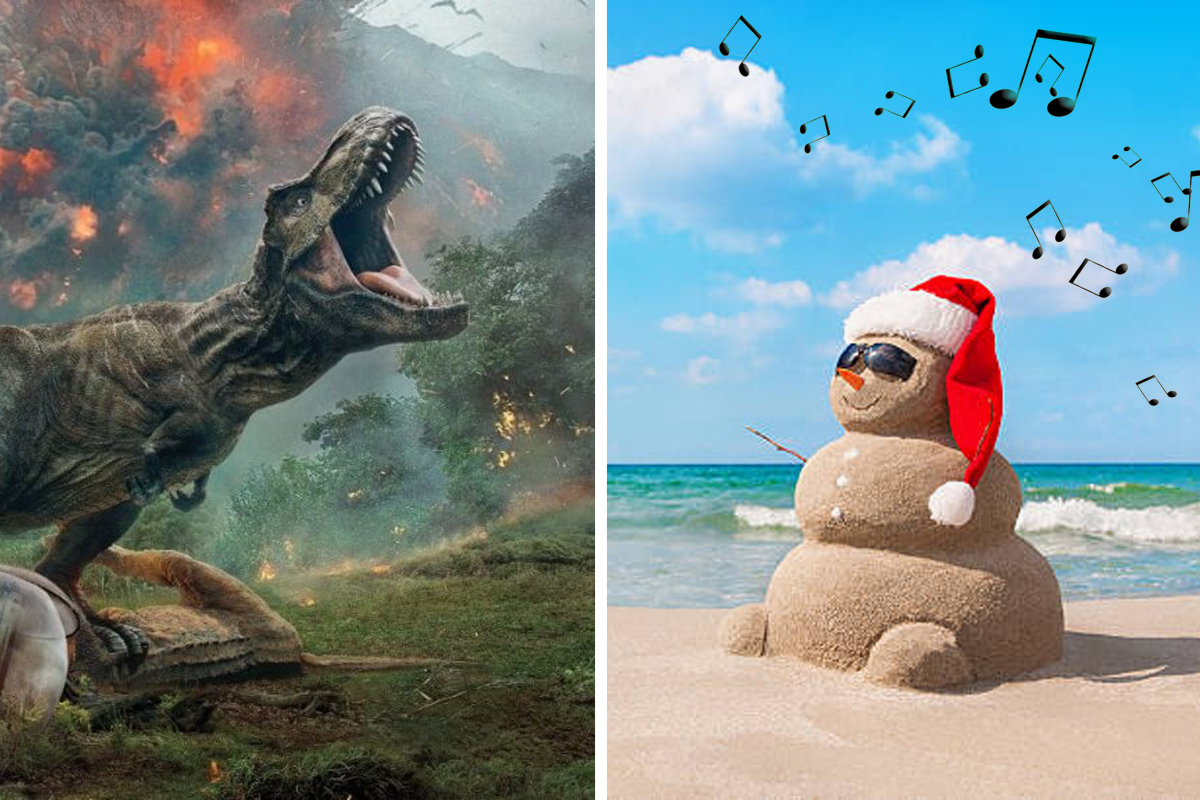 Two images. Left is a Dinosaur from Jurassic World roaring with explosions in the background. Right is a snowman made of sand sitting on the beach with a santa hat. Music notes float above the sand-man.