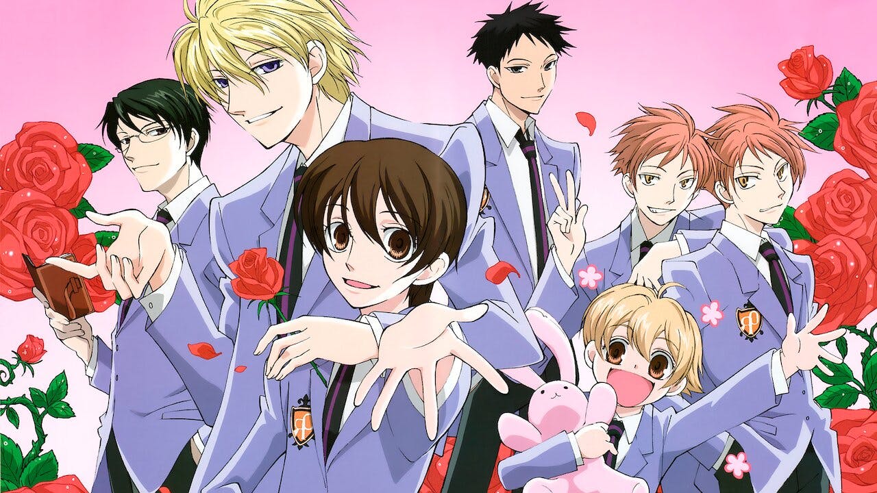 Characters from various Anime holding roses and looking happily into the camera