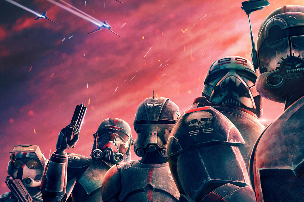 The crew from The Bad Batch pose on a red & blue sky backdrop