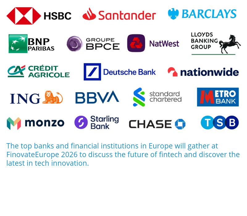 Top banks and financial institutions logos including HSBC, Santander, Barclays, BNP Paribas, Groupe BPCE, NatWest, Lloyds Banking Group, nationwide, ING, BBVA, Monzo, Starling Bank, Chase, TSB, Metro Bank, Standard Chartered, Deustche Bank and Credit Agricole