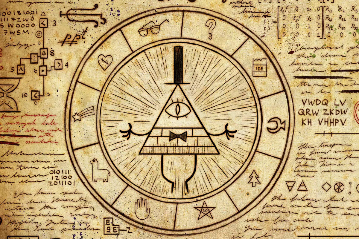 The Zodiac Poster from Gravity Falls with Bill Cipher outlined in the middle and 10 signs surrounding him