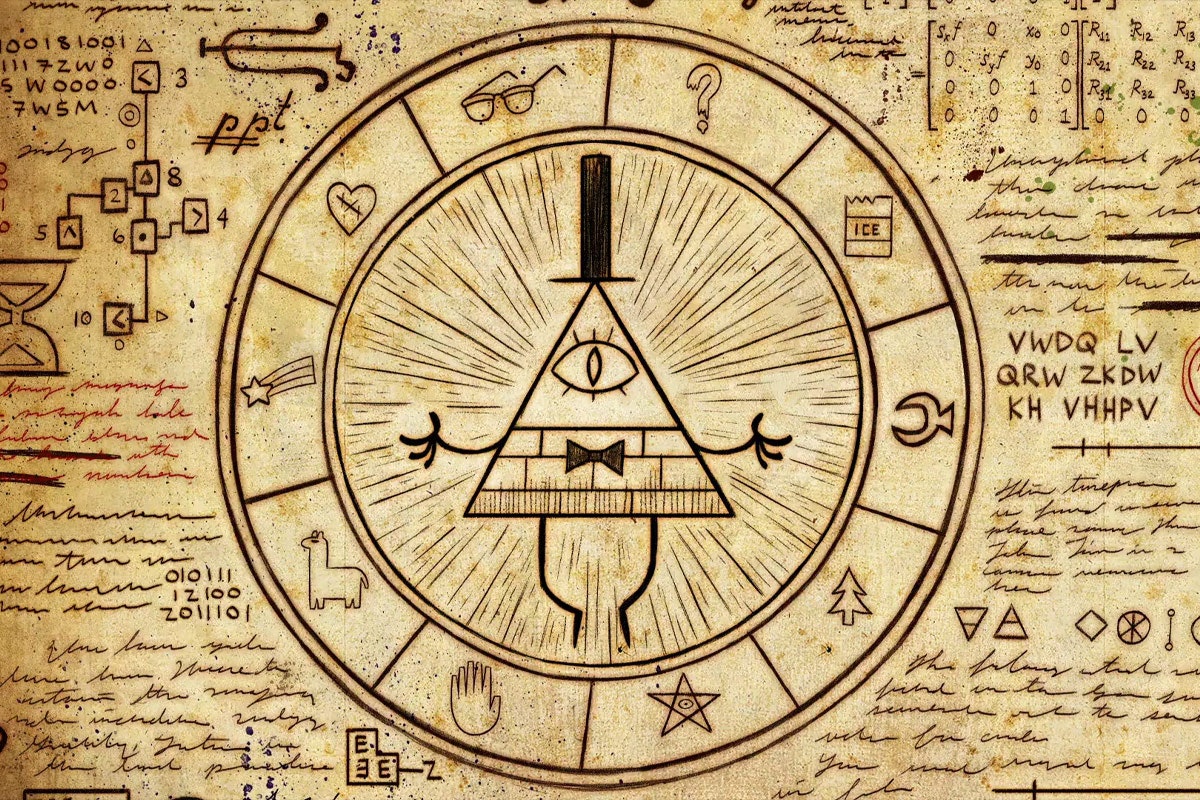The Zodiac Poster from Gravity Falls with Bill Cipher outlined in the middle and 10 signs surrounding him