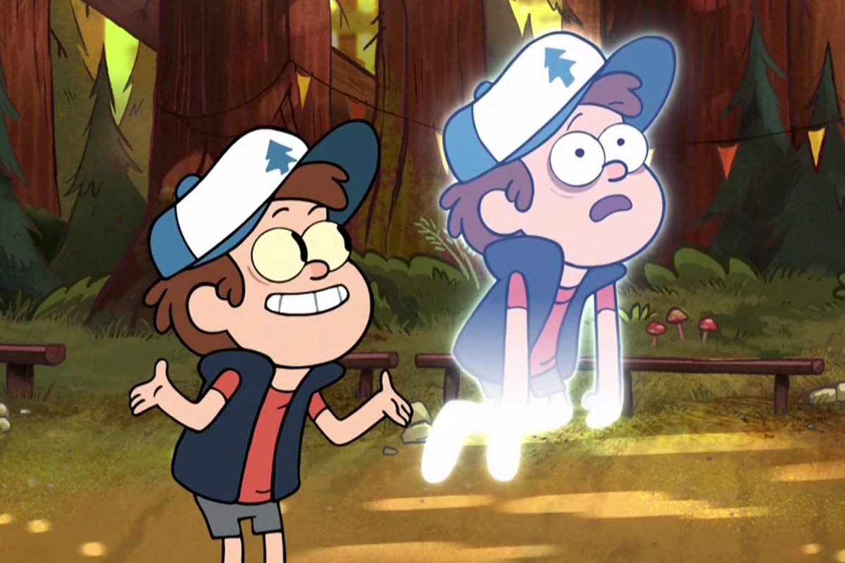 Dipper's body with Bill Cipher's eyes & smile looks at the ghost version of the real Dipper floating above the ground