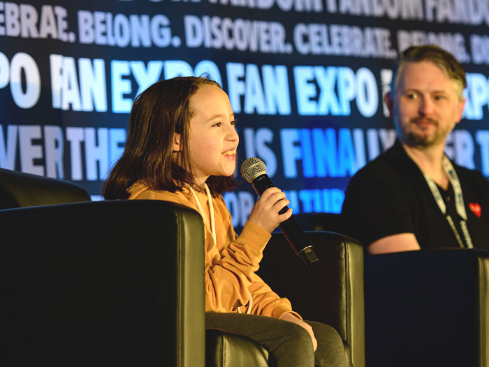 Vivien Lyra Blair with a moderator at her panel at FAN EXPO Vancouver
