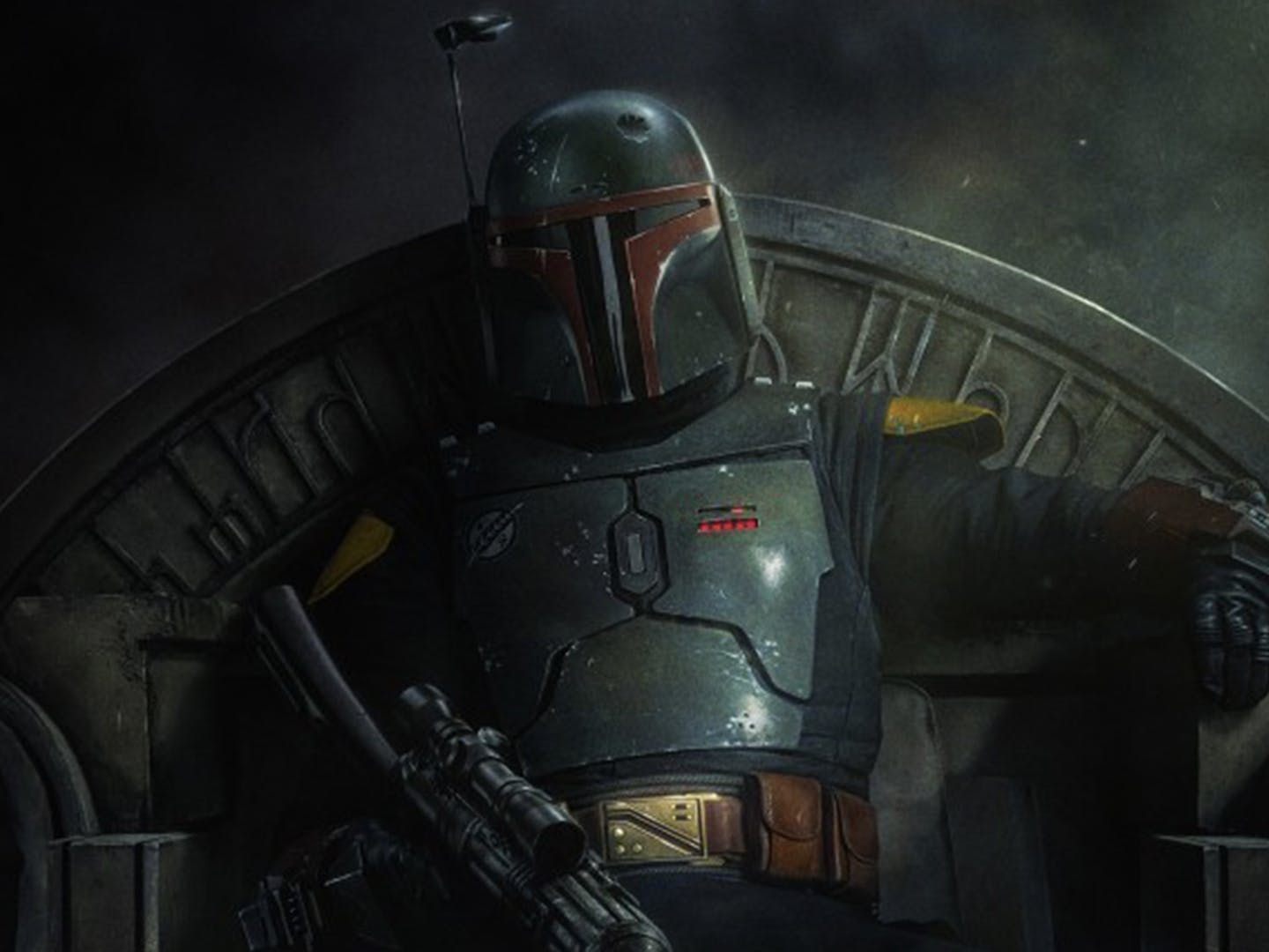 Boba Fett from The Book of Boba Fett sitting in his throne