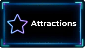 Informative button for the Attractions section of HIS 2026 (Healthcare Innovation Show). The design features a neon purple and blue star icon on a black background, with a technological frame.