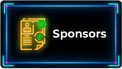 Informative button for the Sponsors page of HIS 2026 (Healthcare Innovation Show). Design with a technological aesthetic, featuring a neon yellow badge icon and a neon blue frame.