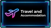 Informative button for the Travel and Accommodation page of HIS 2026 (Healthcare Innovation Show). The design features a neon pink and blue airplane icon on a dark background.