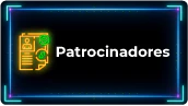 Botão informativo para a página de Patrocinadores do HIS 2026 (Healthcare Innovation Show). Design com estética tecnológica, ícone de crachá em neon amarelo e moldura em neon azul.