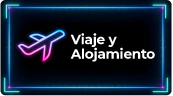 Botão informativo para a página de Viagem e Hospedagem do HIS 2026 (Healthcare Innovation Show). O design apresenta um ícone de avião em neon rosa e azul sobre fundo escuro.