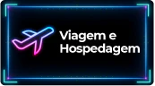 Botão informativo para a página de Viagem e Hospedagem do HIS 2026 (Healthcare Innovation Show). O design apresenta um ícone de avião em neon rosa e azul sobre fundo escuro.