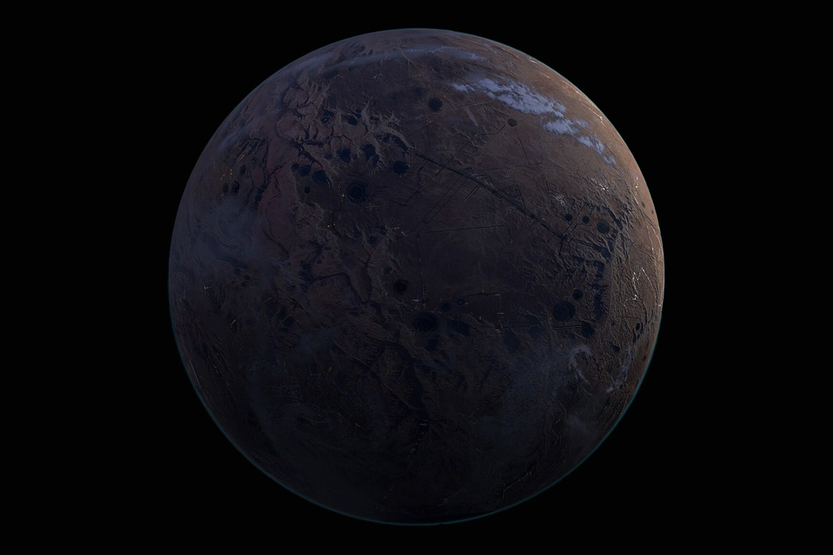 A grey and brown planet floating in space