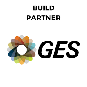 GES logo – Build Partner at SES 2025, offering signage, creative branding, and immersive visual identity for the event