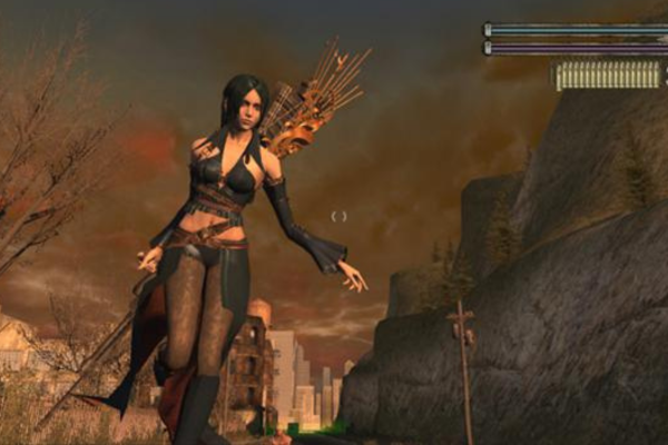 In an apocalyptic back drop of a city, A woman is to the left of the screen walking. She is wearing a stylish leather halter top and legging with a hip cape. On her back is an arsenal of weapons. She is holding to her side what looks like a gun.