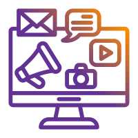 An icon of a computer screen with messaging, email, camera, and megaphone icons on it.