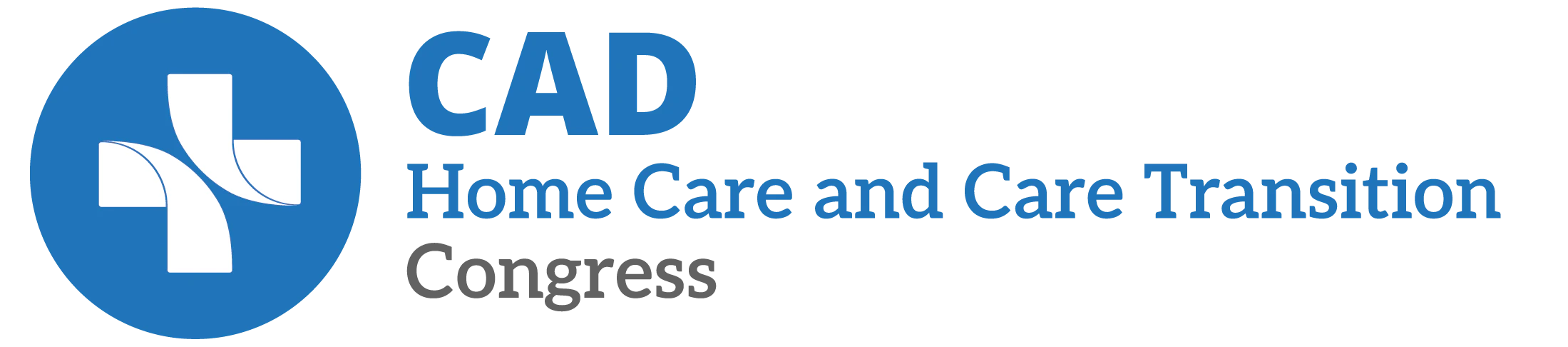 Dark green rectangular button with rounded corners containing the CAD logo (a white cross over overlapping circles in shades of blue and cyan) on the left and the text 'CAD Home Care and Transitional Care Congress' in white and cyan on the right.