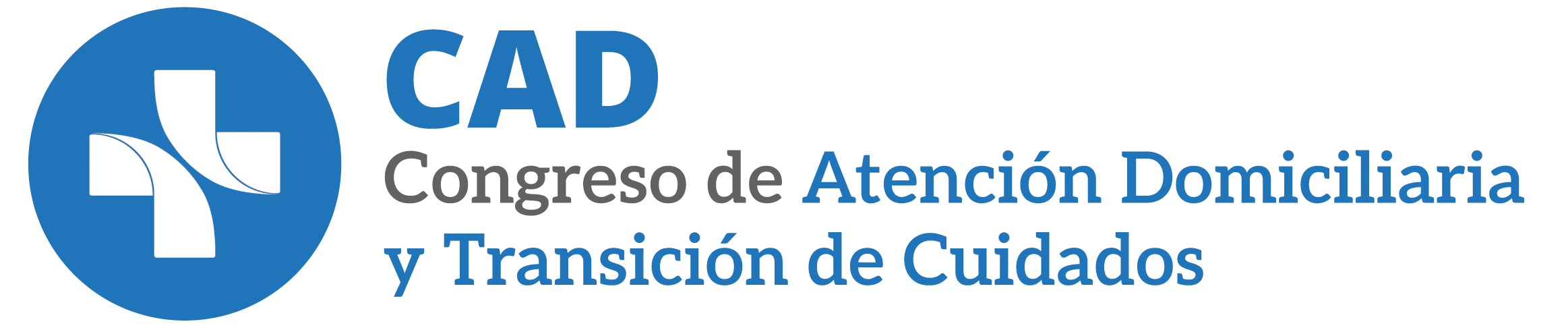 Botón rectangular verde oscuro con bordes redondeados que contiene el logotipo de CAD (una cruz blanca sobre círculos superpuestos en tonos de azul y cian) a la izquierda y el texto 'CAD Congreso de Atención Domiciliaria y Cuidados de Transición' en blanco y cian a la derecha.