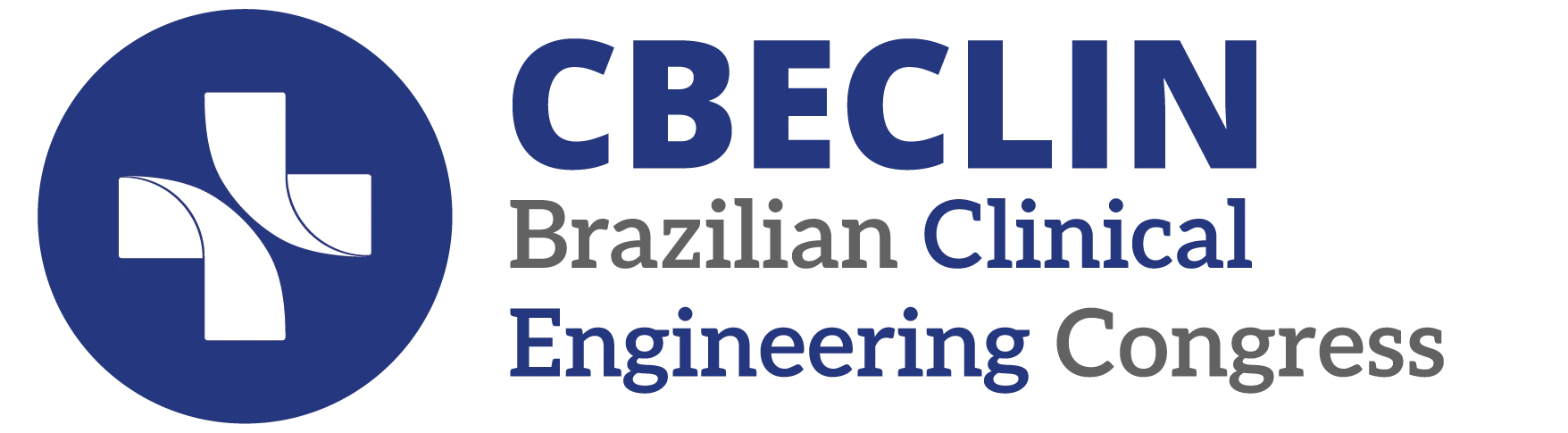 Navy blue rectangular button with rounded corners containing the CBECLIN logo (a white cross over overlapping circles in shades of blue and green) on the left and the text 'CBECLIN Brazilian Clinical Engineering Congress' in white and light blue on the right.