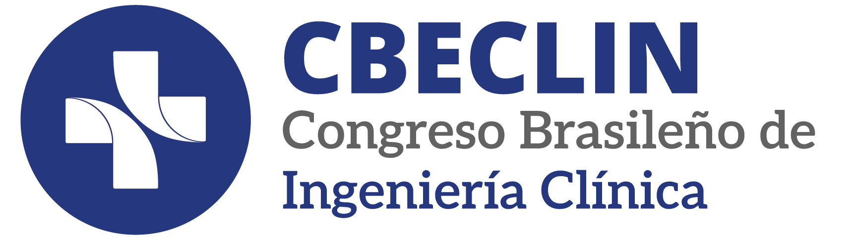 Botón rectangular azul marino con bordes redondeados que contiene el logotipo de CBECLIN (una cruz blanca sobre círculos superpuestos en tonos de azul y verde) a la izquierda y el texto 'CBECLIN Congreso Brasileño de Ingeniería Clínica' en blanco y azul claro a la derecha.