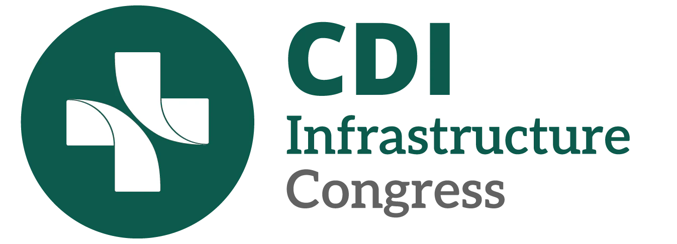Dark green rectangular button with rounded corners containing the CDI logo (a white cross over overlapping circles in shades of light green and lime) on the left and the text 'CDI Infrastructure Congress' in white and vibrant green on the right.