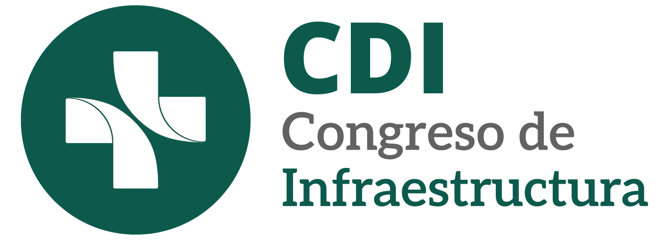 Botón rectangular verde oscuro con bordes redondeados que contiene el logotipo de CDI (una cruz blanca sobre círculos superpuestos en tonos de verde claro y lima) a la izquierda y el texto 'CDI Congreso de Infraestructura' en blanco y verde vibrante a la derecha.