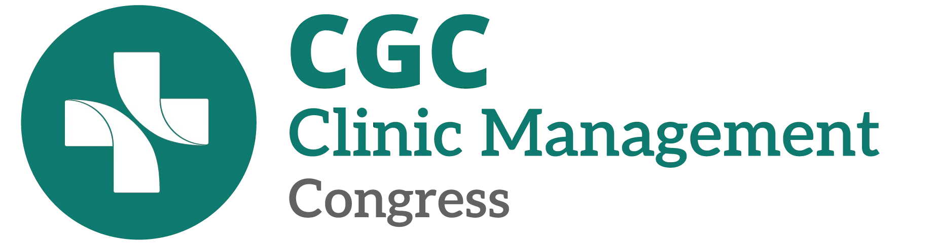 Dark green rectangular button with rounded corners containing the CGC logo (a white cross over overlapping circles in shades of teal) on the left and the text 'CGC Clinic Management Congress' in white and aqua green on the right.